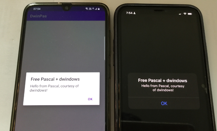 Pascal Hello World on Android and iOS with dwindows
